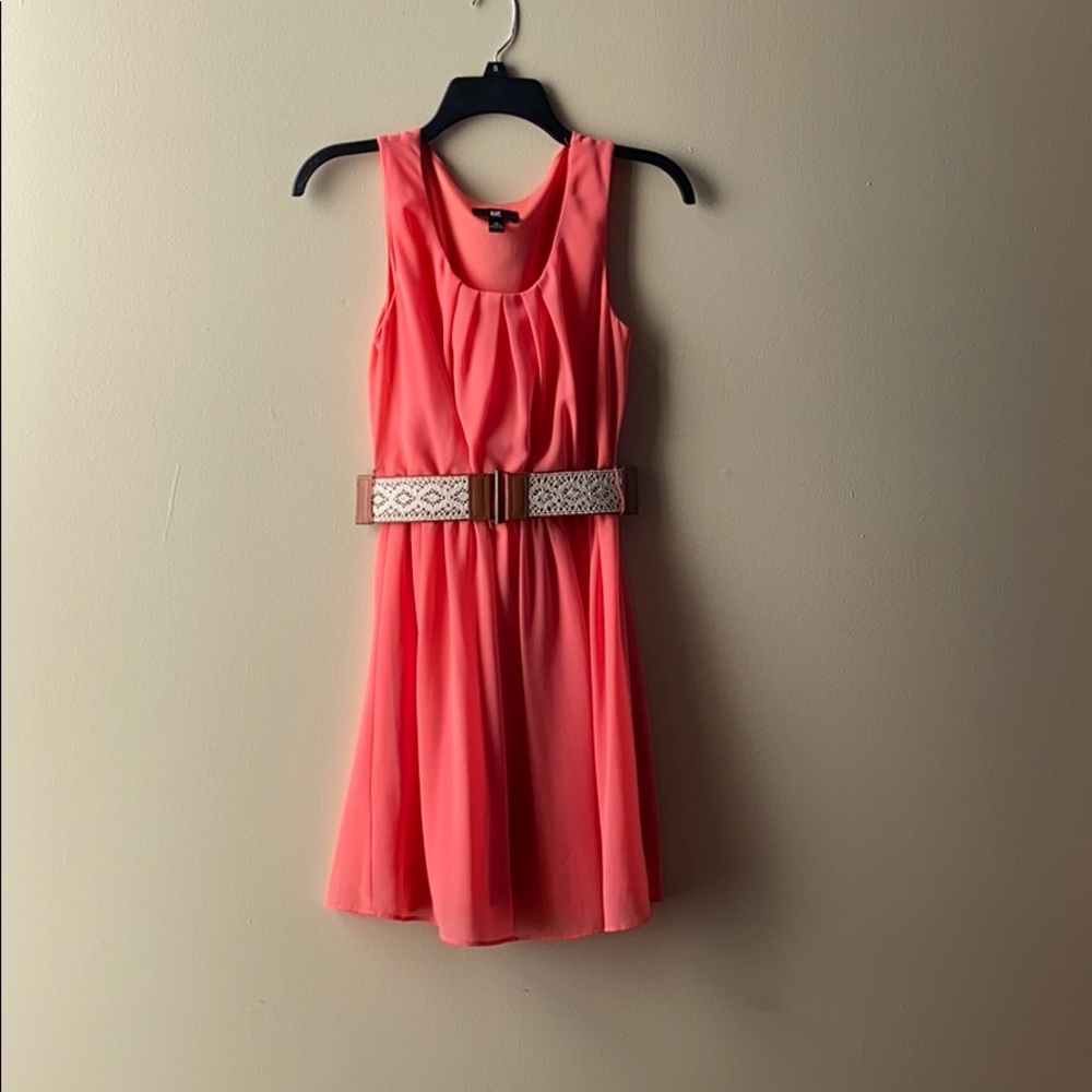 Peach dress with brown and cream lacey belt
